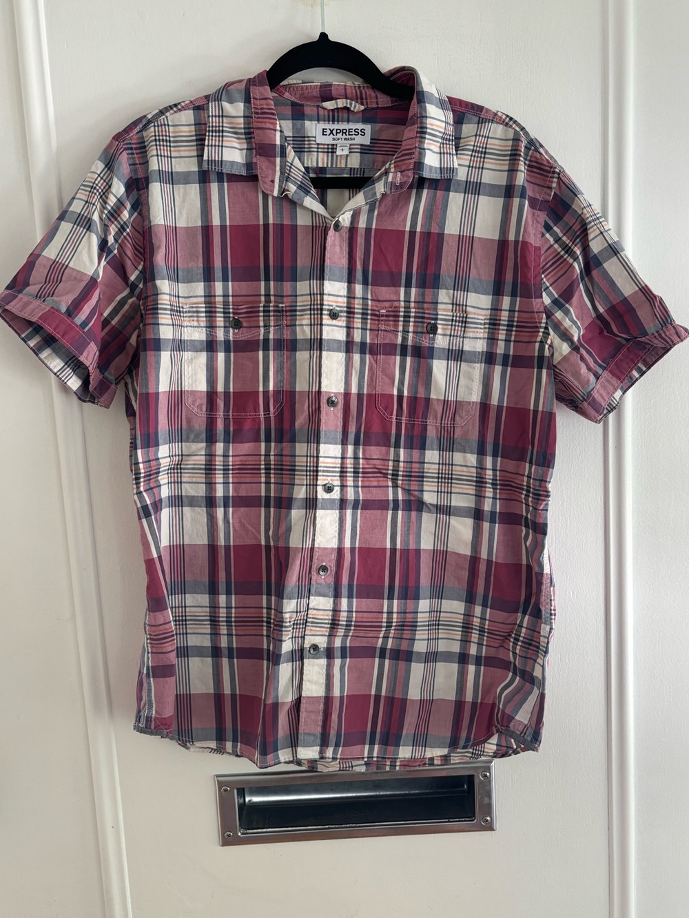 Express Men's Burgundy and White Plaid Short Sleeve Button-Down Shirt